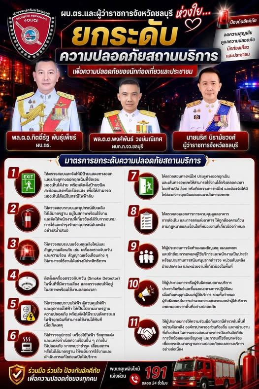 ผบ.ตร.และผู้ว่าราชการจังหวัดชลบุรี ห่วงใย…ยกระดับความปลอดภัยสถานบริการ